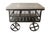 An industrial rolling work cart table, with a hand finished aluminum wrapped table top. Underneath are three wire bins...