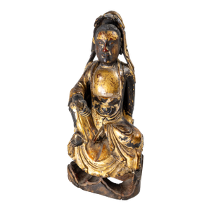 16th Century or Earlier Chinese Ming Dynasty Gilt Lacquer Wood Guanyin Figure