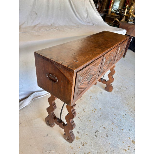 Spanish 18th Century Spanish Walnut and Iron Three Drawer Console Table For Sale - Image 3 of 15