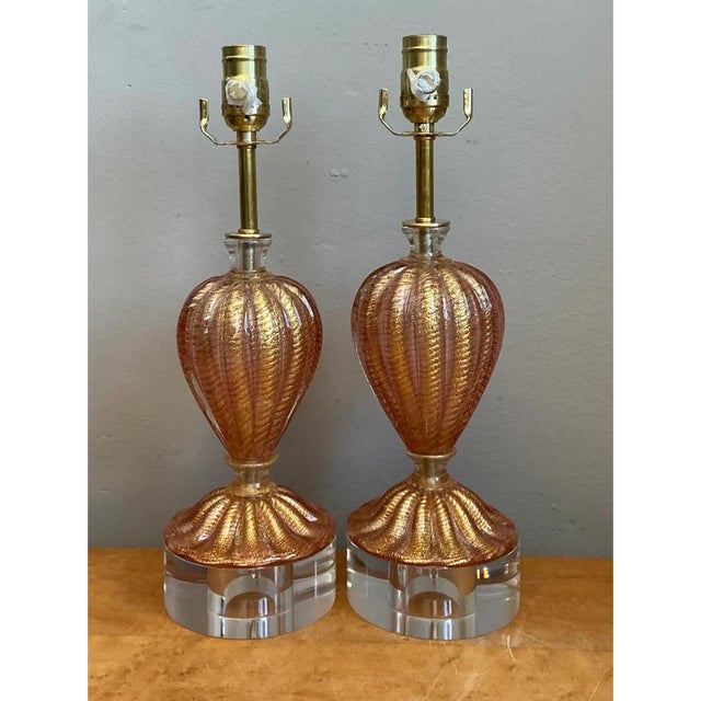 Metal Vintage Murano Glass Lamps With Lucite Bases - Pair For Sale - Image 7 of 12