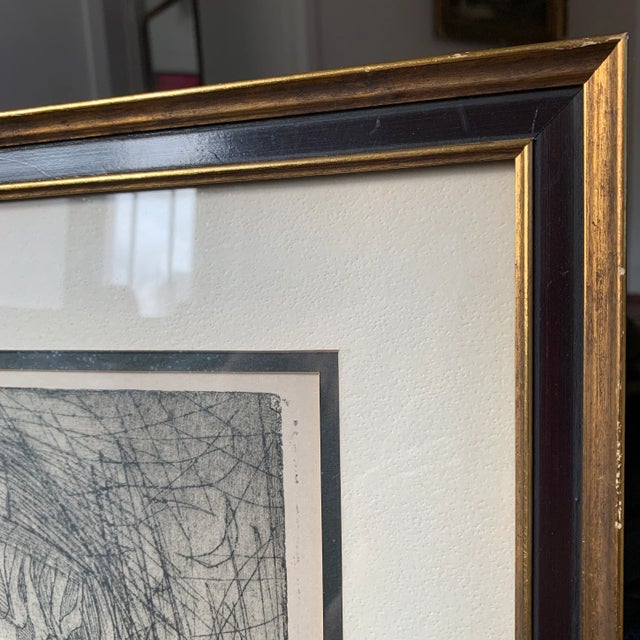 Mid 20th Century "Girl with Flute" Abstract Figurative Woodcut Print by Irving Amen, Framed For Sale - Image 11 of 13