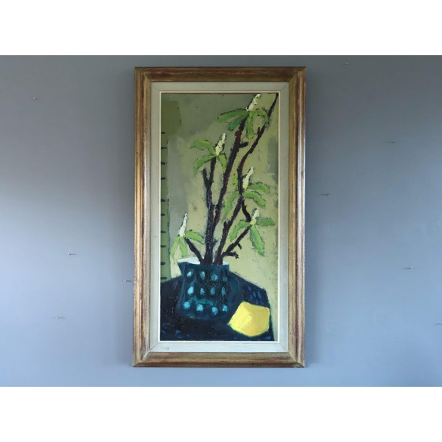 BRANCHES IN A BLUE VASE Oil on Board Size: 28.7 x 16.5 inches (including frame) A striking and expressive mid-century...