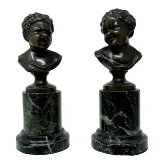 Antique Pair French Bronze Marble Busts Grand Tour attribJean Antoine Houdon 19c For Sale