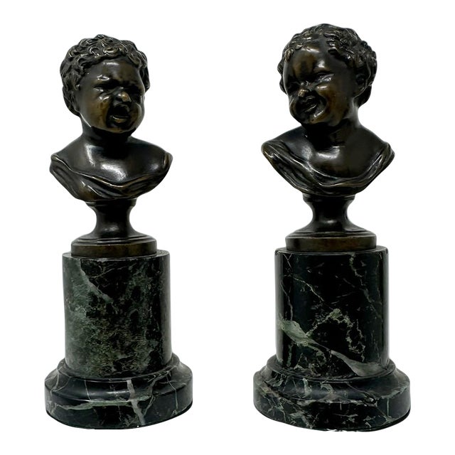 Antique Pair French Bronze Marble Busts Grand Tour attribJean Antoine Houdon 19c For Sale
