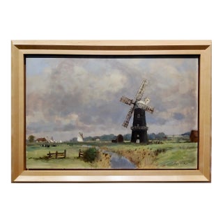 Owen Waters -The Berney Arms Windmill Along the River Yare -Oil Painting For Sale