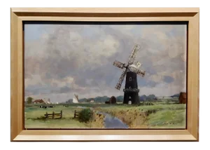 Owen Waters -The Berney Arms Windmill Along the River Yare -Oil Painting