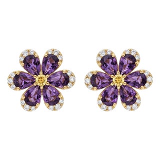 Flower Earrings Studs With Amethyst and Citrines, Silver, Gold, Pair For Sale