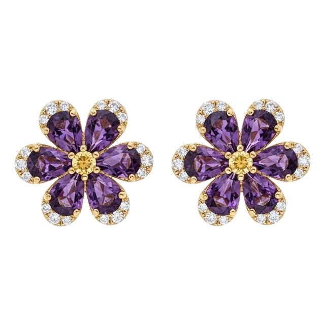 Flower Earrings Studs With Amethyst and Citrines, Silver, Gold, Pair For Sale
