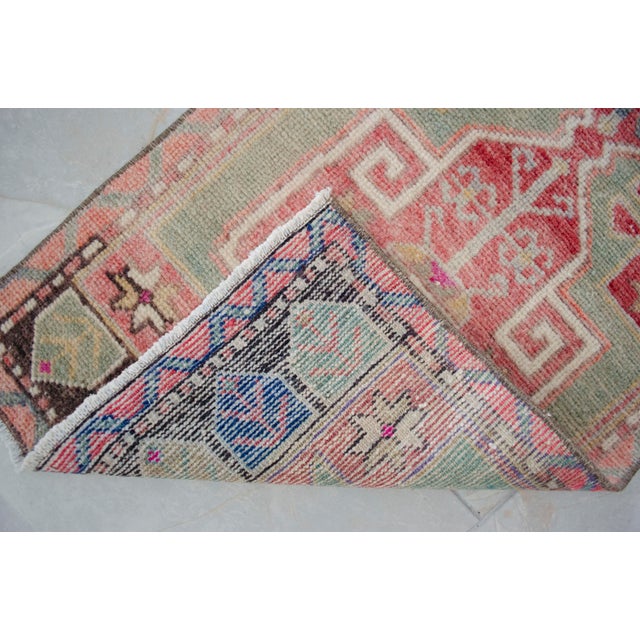 Green Hand-Knotted Turkish Petite Rug Low Pile Faded Colors DoorMat Yastik Rug - 20'' X 44'' For Sale - Image 8 of 13