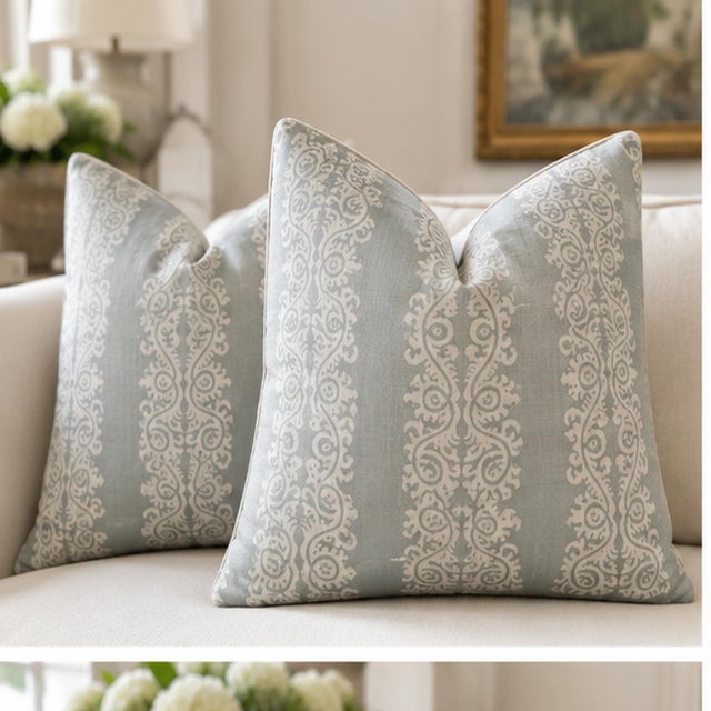 Mid-Century Modern Anna French for Thibaut Ellery Stripe Soft Blue Linen Pillows – A 22" Pair For Sale - Image 3 of 4