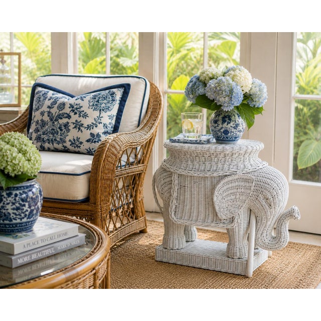 Playful yet sophisticated, this 1970s wicker elephant side table embodies the spirit of classic Palm Beach decorating....