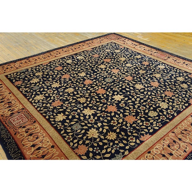 Art Deco 1940s Navy Blue Floral Antique Hand Knotted Chinese Art Deco Rug 8'6"x 9'0" Wool Carpet For Sale - Image 3 of 5