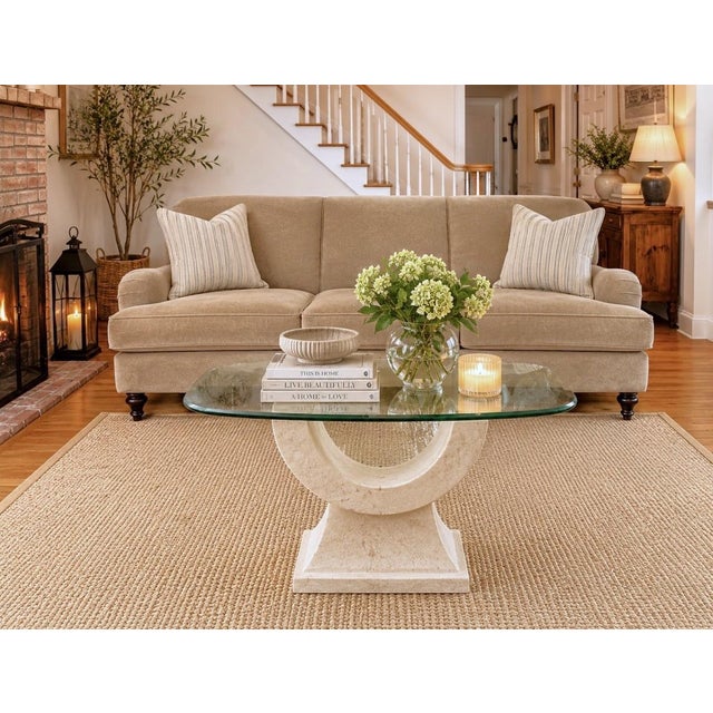 Travertine Sculptural Base Cocktail Drinks Coffee Side Table With Glass Top For Sale - Image 15 of 17