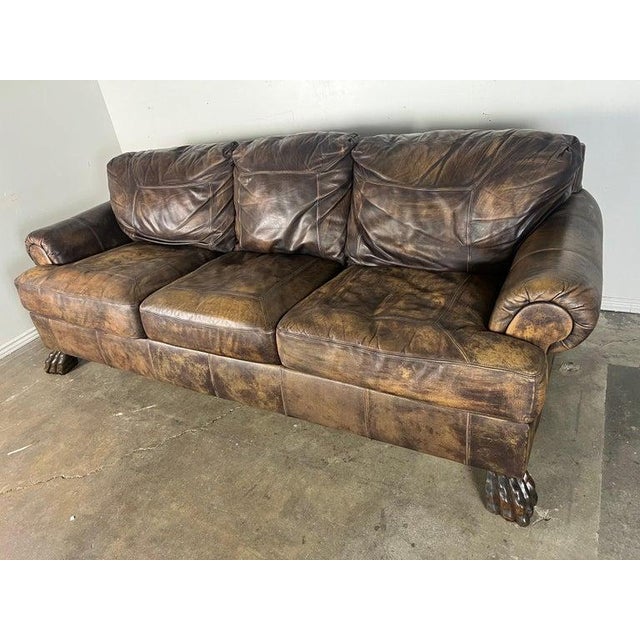 Vintage Distressed Leather Sofa With Lion Paw Feet For Sale - Image 10 of 16