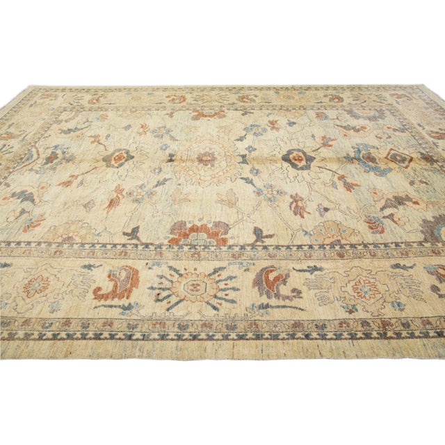 2010s Tan Modern Sultanabad Handmade Floral Motif Wool Rug For Sale - Image 5 of 12