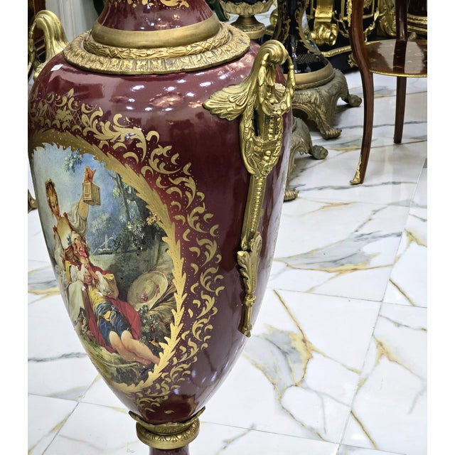 Burgundy Porcelain Vases With Gold Leaf Details – French Style Ornate Decorative Vases For Sale - Image 4 of 6