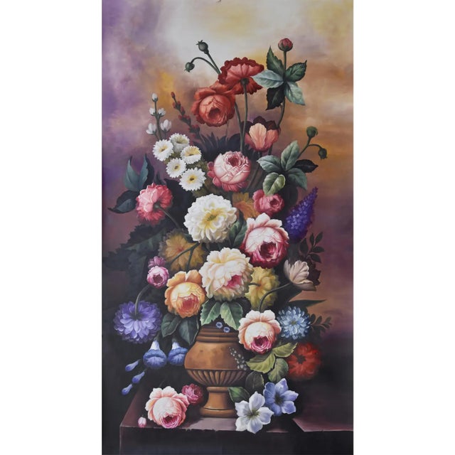 Chinoiserie Hand-Painted Classical Still Life Floral Vase Mural For Sale - Image 3 of 3