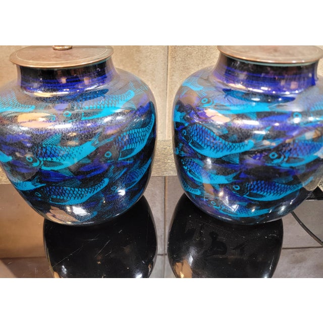 Mid-Century Modern Nils Thorsson for Royal Copenhagen Fish Table Lamps - A Pair For Sale - Image 3 of 11