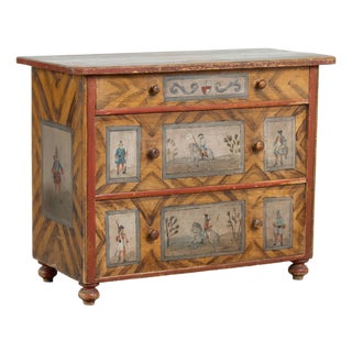 19th Century Original Hand-Painted Pine Chest of Three Drawers With Soldiers on Horseback For Sale