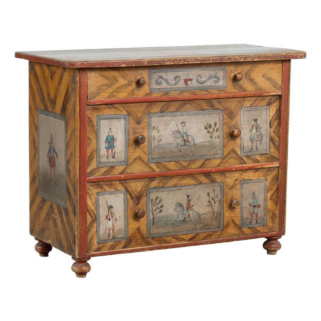 19th Century Original Hand-Painted Pine Chest of Three Drawers With Soldiers on Horseback For Sale