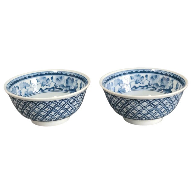 Ceramic Vintage Blue & White Porcelain Floral Japanese Asian Serving Bowls, Marked- a Pair For Sale - Image 7 of 7