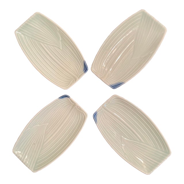 Light Blue Textured Leaf Plates- Set of 4 For Sale