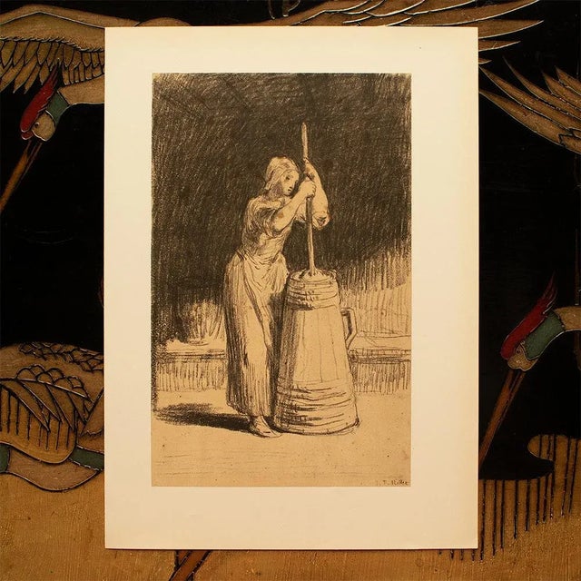 Farmhouse 1959 After Jean-François Millet "Woman at the Churn" Vintage Hungarian Photogravure For Sale - Image 3 of 6