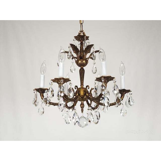 Antique 6 Arm 6 Light Svelte Shimmering Brass Cut Lead Glass Crystal Chandelier For Sale In South Bend - Image 6 of 11