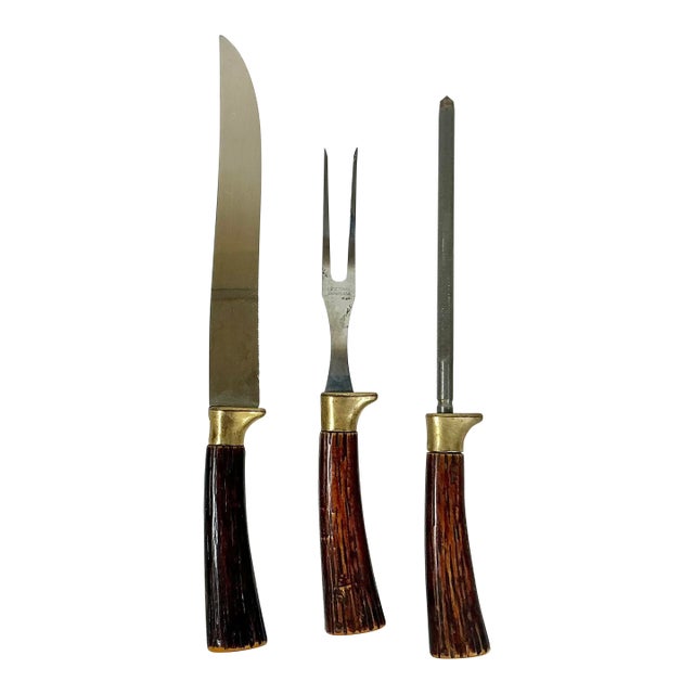 1950s Vintage Sheffield English Rustic European Faux Stag Horn Cutlery - Set of 3. For Sale