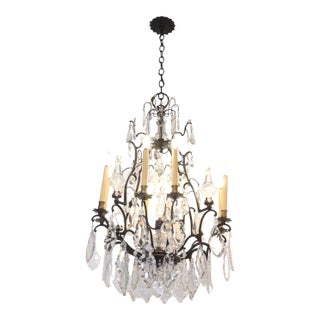 Antique French 12 Arm Bronze & Crystal Chandelier For Sale