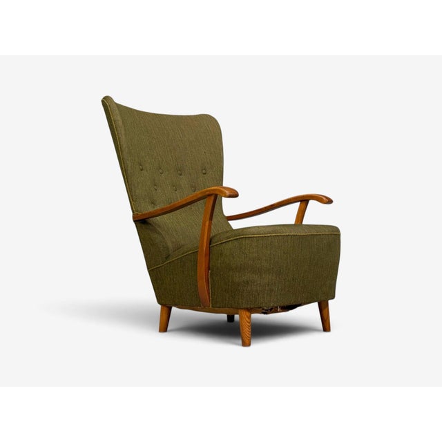 Danish Modern, Highback Lounge Chair, Elm, Wool, Denmark, 1950s For Sale - Image 10 of 12