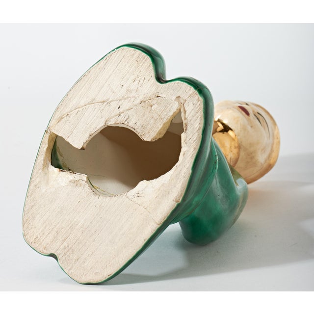 Vintage Ceramic Figurine of Kneeling Chinese Man in Green and Gold For Sale - Image 9 of 9