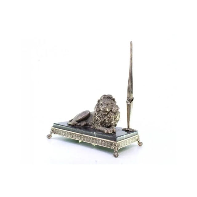 Silver Silver Inkwell with Lion Figure and Pen on Marble and Silver Base with Claw-Shaped Feet For Sale - Image 8 of 9