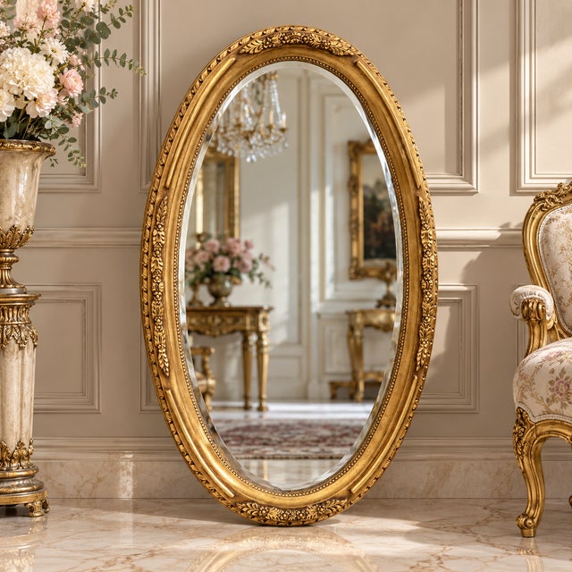 Elegant Italian style vertical oval wall mirror featuring an ornate gold leaf frame beautifully enhanced with decorative...
