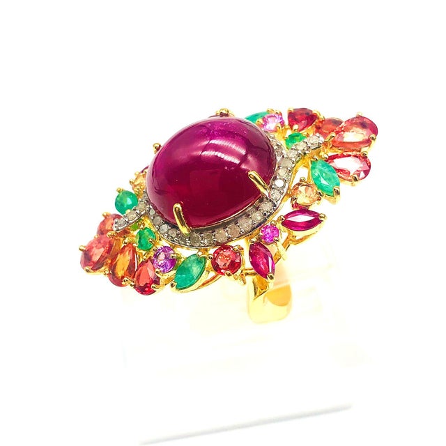 Gemstone Bochic “Orient” Vintage Ruby, Emerald, Sapphire & Diamond Ring Set In 18K & Silv For Sale - Image 7 of 14