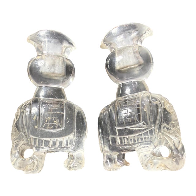 Pair of Antique Hand Carved Chinese Elephant Rock Crystal Stone Sculpture Vase For Sale
