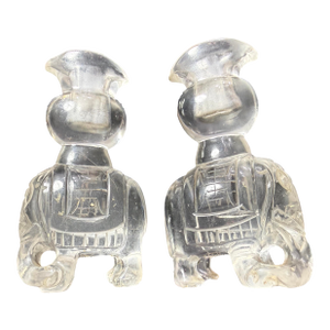 Pair of Antique Hand Carved Chinese Elephant Rock Crystal Stone Sculpture Vase