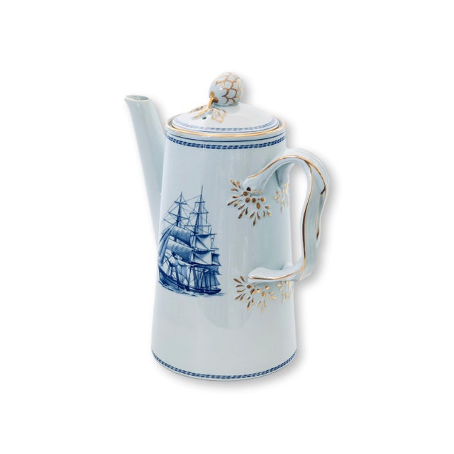 Mid 20th century Spode Tradewinds coffee pot in a soft pale blue glaze with deep ink blue clipper ship decoration and...