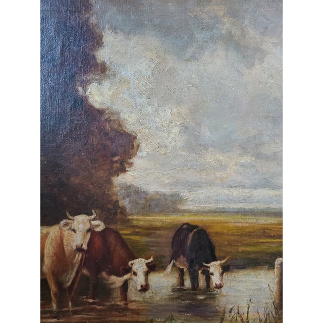 Realism James T. Breen Antique 19th Century Oil Painting Moody Pastoral Landscape With Cows For Sale - Image 3 of 17
