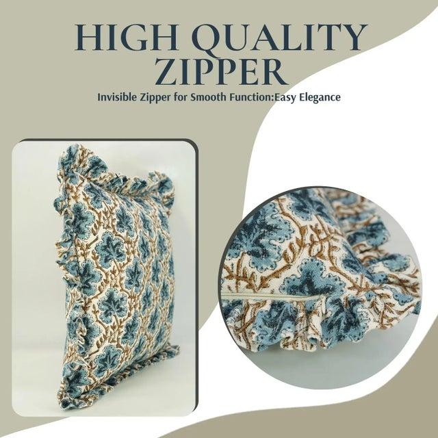 Art Deco Fabdivine Handcrafted Block Print Frill Cushion Cover 14x20 Inch Off-White Linen- Pushpsamita For Sale - Image 3 of 5