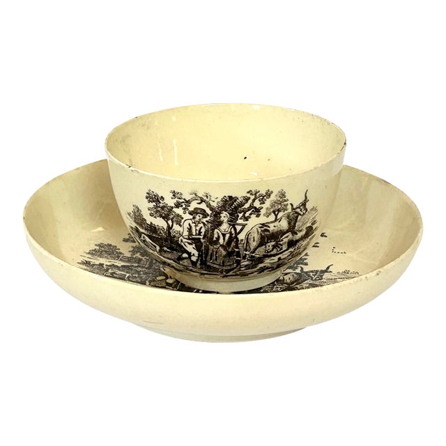 18th C. English Transfer Ware Teacup and Saucer For Sale