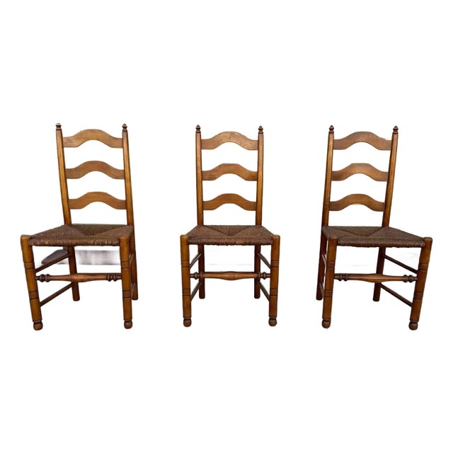 Early 20th Century Stickley Furniture Set of Three Early American Primitive Style Maple High Ladder Back Rush Seat Dining Chairs For Sale
