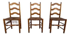 Early 20th Century Stickley Furniture Set of Three Early American Primitive Style Maple High Ladder Back Rush Seat Dining Chairs