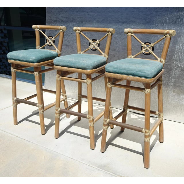 Set of Three Vintage McGuire Bamboo Barstools with Leather Straps & Brass Footrests Gorgeous Barstools in Good Vintage...