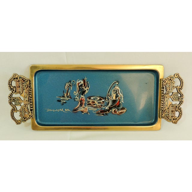 Traditional Vintage Solid Brass & Blue Enamel Hand Painted Figural Israel Judaica Serving Tray W/ Handles For Sale - Image 3 of 8