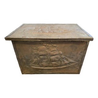 Antique Brass Clad Nautical Wood Box Sailing Ships For Sale