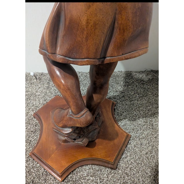 1960s Vintage Italian Wood Carved Floor Statue Girl With Tray For Sale - Image 5 of 7