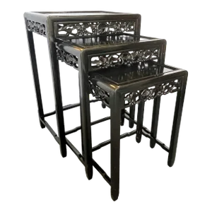 Mid Century Modern Chinese Carved Wood Nesting Tables in Ebony Finish- Set of 3