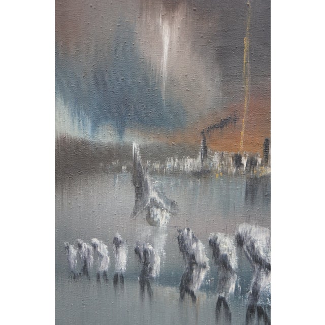 Blue Mid 20th Century Charles Obas Rainy Haitian Village Scene Sailboats Figures Oil Painting 29" For Sale - Image 8 of 10