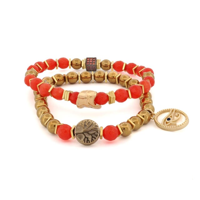 Carnelian Stone Beaded Ra & Elephant Charm Bracelet Set For Sale - Image 9 of 9